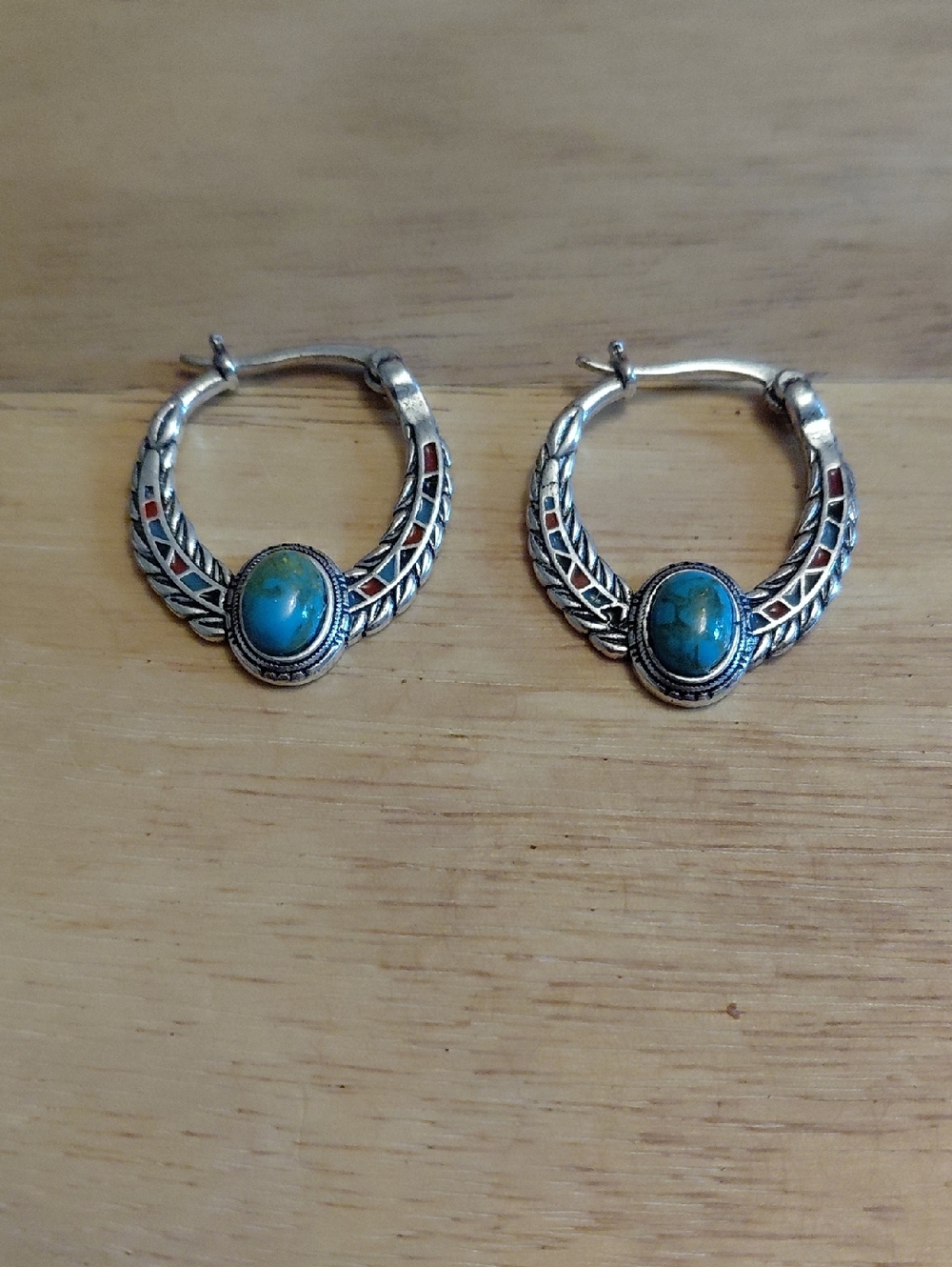 Silver Hoop Earrings with Turquoise Accent Stones